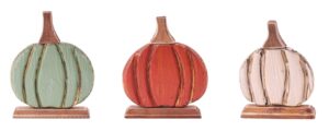 Wood Pumpkin w/Base Set of 3 4"-7.75" Beige/Org/Sage - HA04056