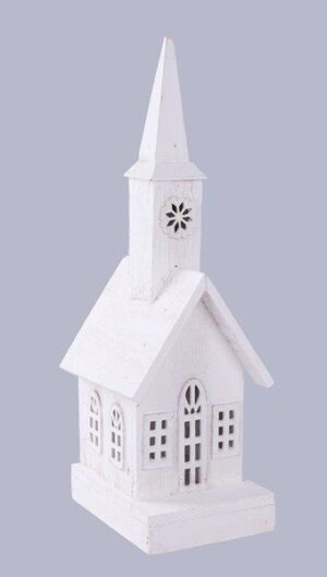 Wood Church w/ Light 17.5" White Washed - AS1008